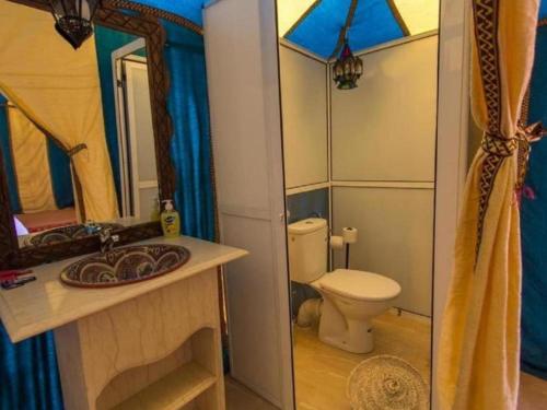 a bathroom with a toilet and a sink and a mirror at Aladdin merzouga camp in Merzouga