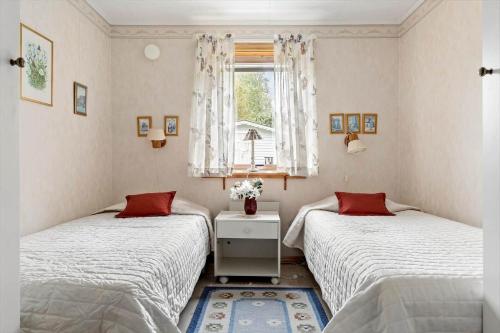 two twin beds in a room with a window at BOH662-Roennaeng-Tuveslaettsvaegen-3 in Stansvik