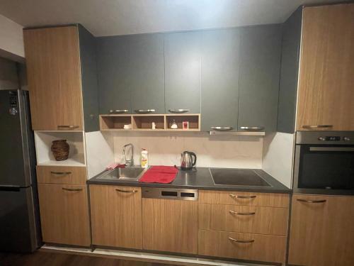una cucina con mobili in legno, un lavandino e un frigorifero di Erisa Apartment a Pristina