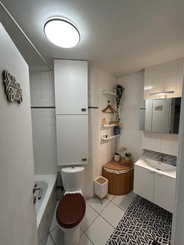a bathroom with a toilet and a sink and a tub at Centre de LLN - Appartement rénové - Parking gratuit in Louvain-la-Neuve