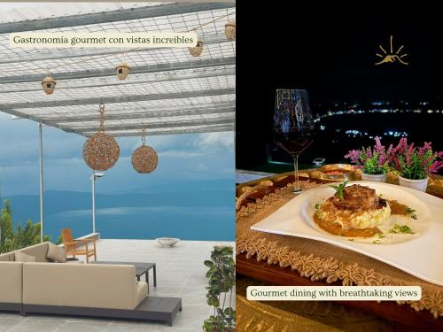 にあるLake View House Cerro Verdeの食べ物の皿が置かれたテーブルを描いた2枚の写真のコラージュ