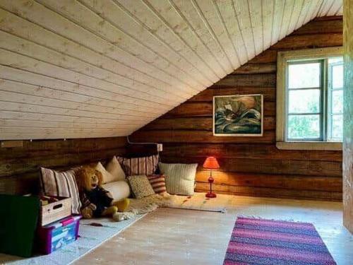 a living room with a couch in a room with wooden walls at KRO589-Moheda-Groenaberg-5 in Förhult