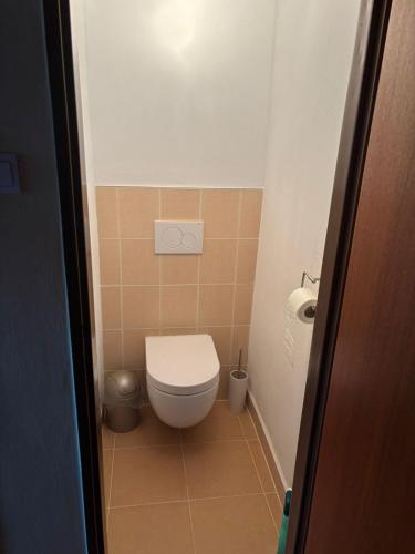 a small bathroom with a toilet in a room at Tatra Roof Room in Nová Lesná