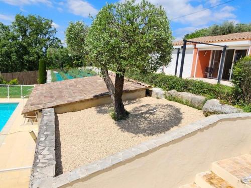 a tree in a yard next to a swimming pool at Elegant villa - swimming pool - French Riviera in Montauroux