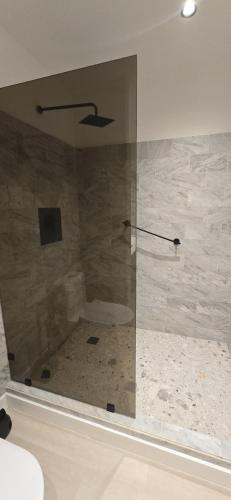 a shower with a glass door in a bathroom at La Residence Panamá in Panama City