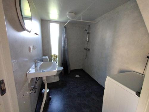 a small bathroom with a sink and a shower at Modern cottage, quiet area with good bus connection in Luleå