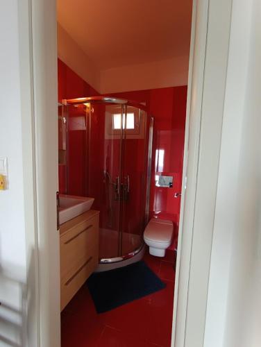 a red bathroom with a shower and a toilet at Kythnos - Loutra- House in Loutra