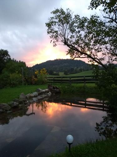 a pond in a field with the sunset in the background at Ferienwohnung Hubenbauer in Seebach