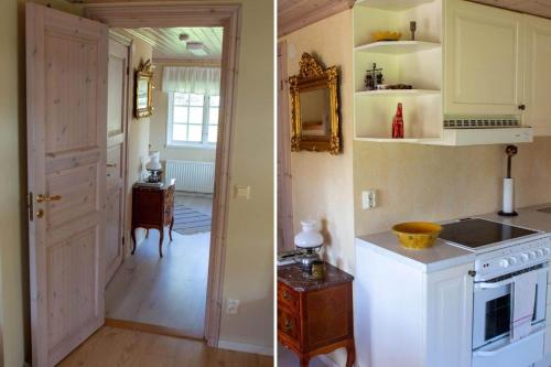 two pictures of a kitchen with a sink and a stove at OGO705-Valdemarsvik-Langradna-Mon-3 in Skeppsgården