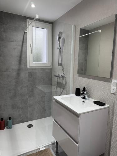 a white bathroom with a sink and a shower at Longchamps 3 - Modern cocoon Close to Marlioz thermal baths in Aix-les-Bains