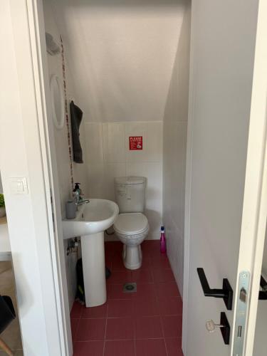 a small bathroom with a toilet and a sink at Maisonette Fanari in Fanárion