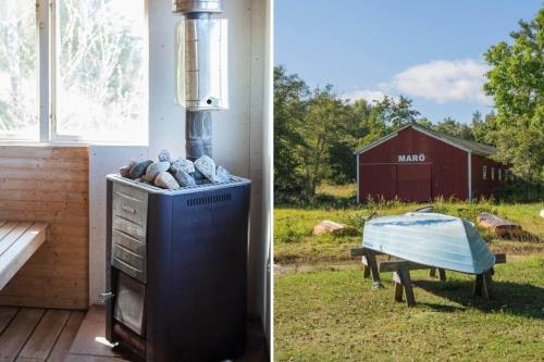 two pictures of a house with a grill and a bench at STO703-Graeddoe-Maroe-77 in Gräsken