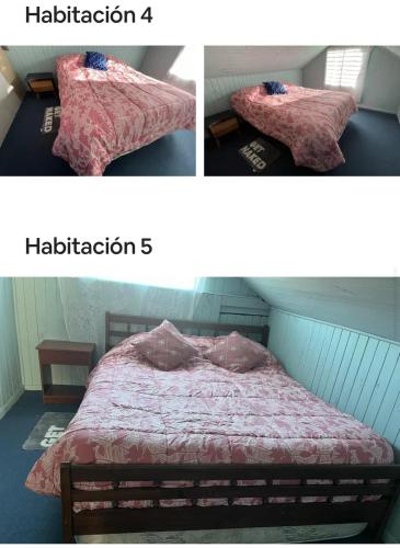 two pictures of a bed in a room at Cabaña Camino Termas de Chillan Hermoso Recinto in El Cerrillo