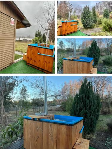 four different views of a wooden garden island in a yard at Cabaña Camino Termas de Chillan Hermoso Recinto in El Cerrillo