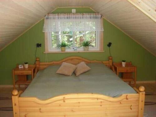 a bed in a green bedroom with a window at SKA713-Bjaernum-PL-3290 in Bjärnum
