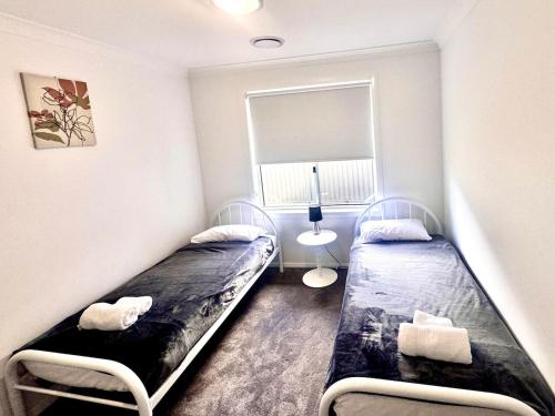 two beds in a small room with a window at Fresh Built Spacious Retreat in Dubbo
