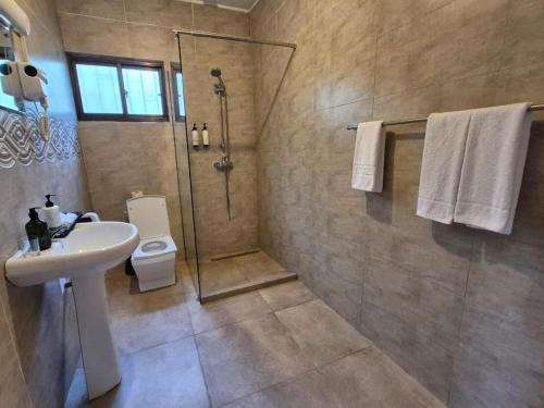 un bagno con doccia, lavandino e WC di Villea Frangipani Near Airport a Mahe