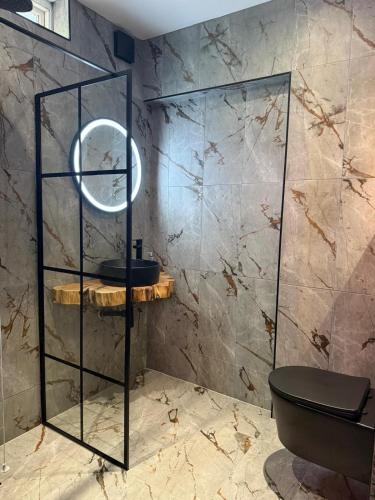 a bathroom with a toilet and a mirror at The Funky Hideaway with hot tub in Bangor