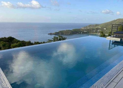a swimming pool with a view of the ocean at Villa Modere' in Tortola Island