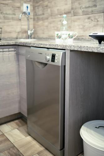 a dishwasher in a kitchen under a counter at Pokoje Gościnne IRGA Apartamenty in Starogard Gdański