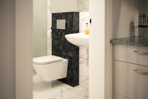 a bathroom with a white toilet and a sink at Pokoje Gościnne IRGA Apartamenty in Starogard Gdański