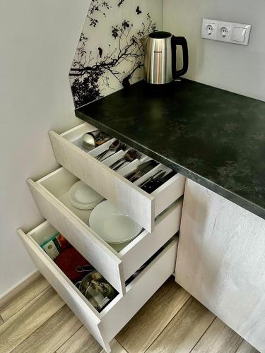 a kitchen with a counter top with white drawers at Ergli Holiday Apartments in Ērgļi