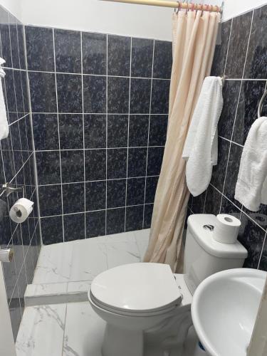 a bathroom with a toilet and a shower at Motel Lustre D'or in Quebec City