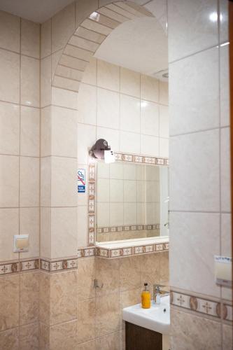 a bathroom with a sink and a mirror at Pokoje Gościnne IRGA Apartamenty in Starogard Gdański