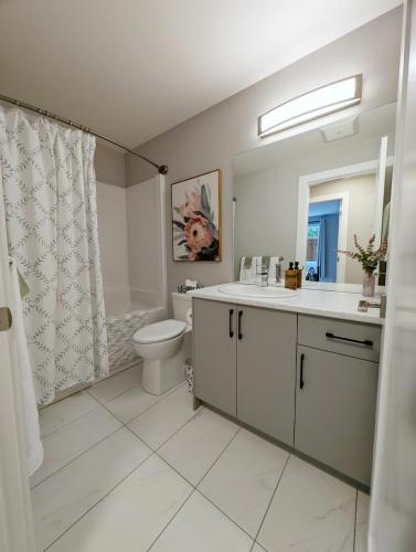 a bathroom with a toilet and a sink and a mirror at Oakview Hideaway in Victoria