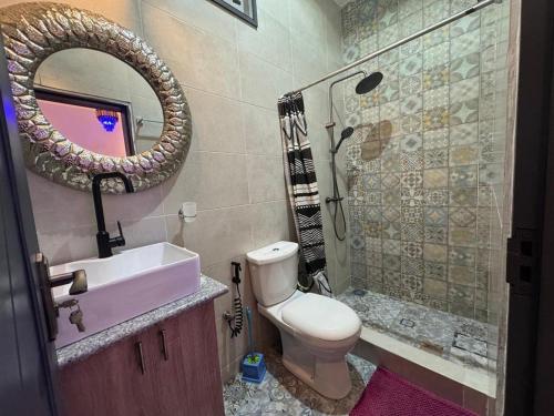 a bathroom with a sink and a toilet and a mirror at Bisola Residences in Cotonou