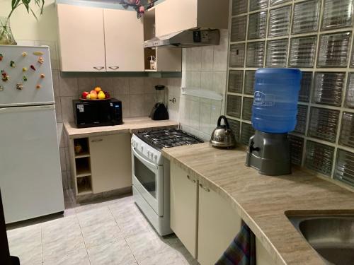 kuchnia z białymi szafkami i kuchenką z piekarnikiem w obiekcie Serenity Apartment w mieście Cochabamba