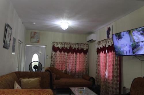 a living room with two couches and a tv at Cozy Vibes in Portmore
