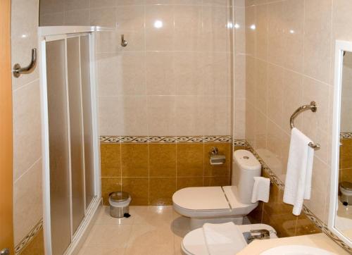
a bathroom with a toilet a sink and a shower at Hotel los Girasoles in Valencina de la Concepción
