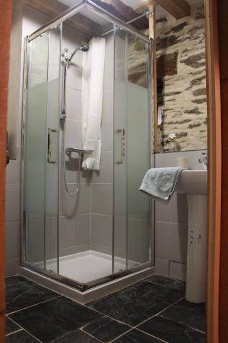 une douche avec une porte vitrée dans une salle de bain dans l'établissement 