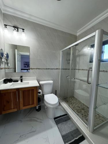 a bathroom with a shower and a toilet and a sink at Luxury Haven- Near AC Marriott Hotel Kingston in Kingston