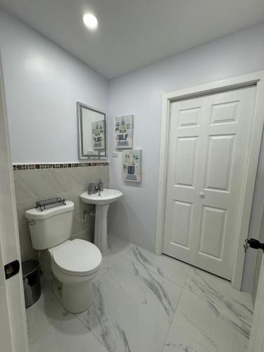 a white bathroom with a toilet and a sink at Luxury Haven- Near AC Marriott Hotel Kingston in Kingston