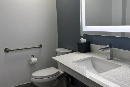 a bathroom with a toilet and a sink and a mirror at Wingate by Wyndham Airport - Rockville Road in Indianapolis