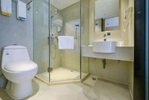 a bathroom with a toilet and a shower and a sink at City Comfort Inn Meishan Sansu Temple in Meishan