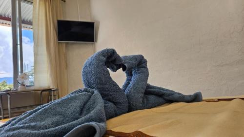 a stuffed animal is laying on a bed at Hostal Casa Ale in San Juan La Laguna