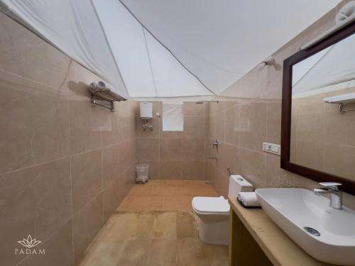 a bathroom with a sink and a toilet and a mirror at Padam Jaisalmer in Jaisalmer