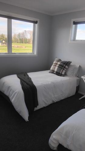 a bedroom with two beds and a window at The Quiet Paddock in Kairanga