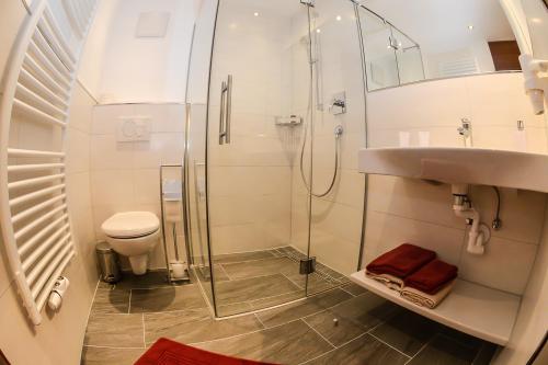 a bathroom with a shower and a toilet and a sink at Haus Gerda in Fiss