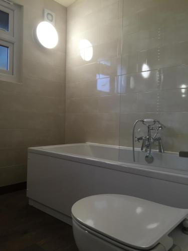 ein Badezimmer mit einer Badewanne, einem WC und einem Waschbecken in der Unterkunft Shellow Lane Lodges in Congleton