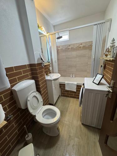a bathroom with a toilet and a sink and a tub at Central main street apartament in Vişeu de Sus