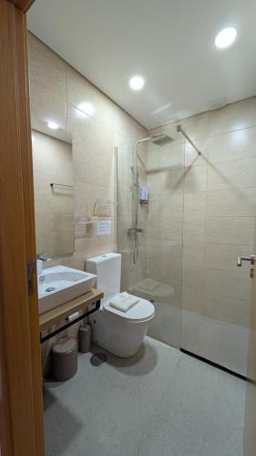a bathroom with a toilet and a shower and a sink at Casa do Cruzeiro in Alvações do Corgo