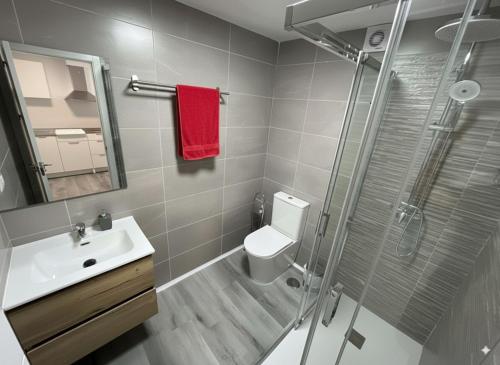 Un baño con ducha, inodoro y lavabo. en Apartamentos El Savio, en Ronda