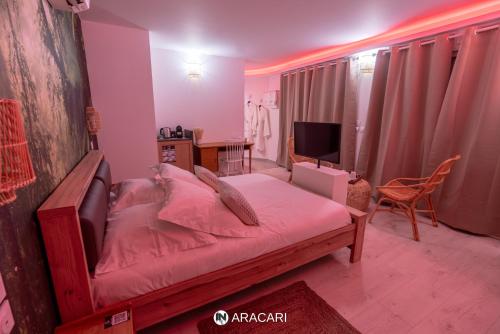 a bedroom with a bed with pink sheets and a tv at Aracari in Villars-les-Dombes