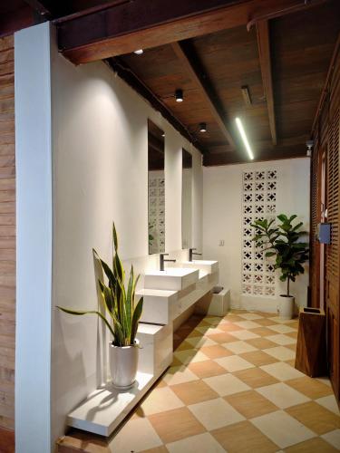 a lobby with stairs and a potted plant on the wall at Wood Wood Hostel in Vientiane