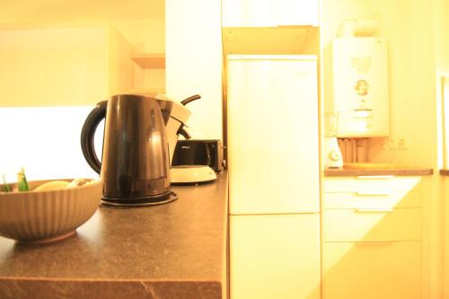 a kitchen with a refrigerator and a bowl on a counter at Luxury New - 8mn walk RER C-Paris-Eiffel Tower, Free Stree Parking, Private Balcony, Bultex Mattress 160x200, Elevator, Arpajon Hospital in Arpajon