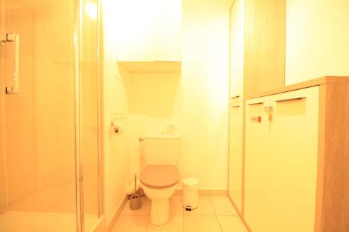 a bathroom with a toilet and a glass shower at Luxury New - 8mn walk RER C-Paris-Eiffel Tower, Free Stree Parking, Private Balcony, Bultex Mattress 160x200, Elevator, Arpajon Hospital in Arpajon